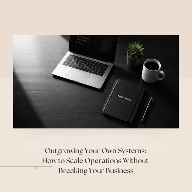 Laptop, notebook, and coffee on a desk symbolizing a founder auditing business systems before scaling operations