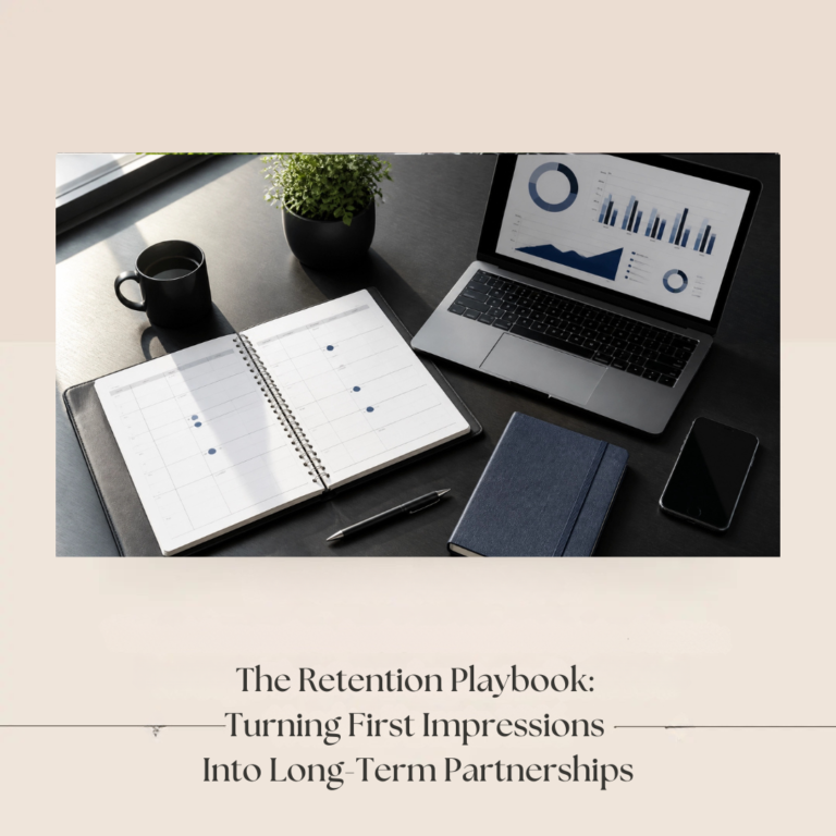 Desk with laptop, notebook, and business analytics representing The Retention Playbook