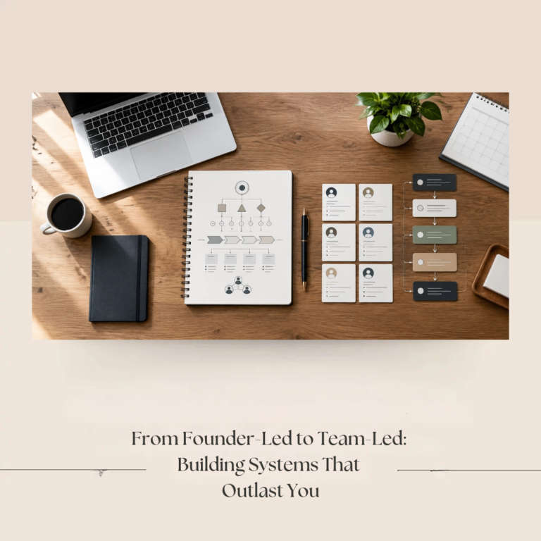 Desk flatlay with laptop, notebook, and planner symbolizing a founder transitioning from founder-led to team-led business operations